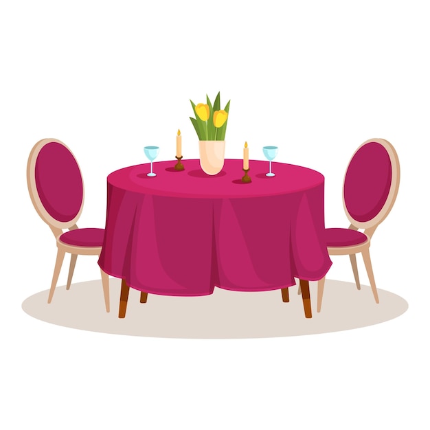 Round table with wine glasses and candles for romantic dinner date