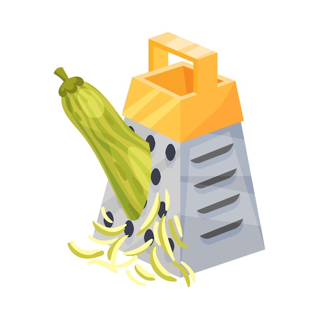 Rubbing fresh zucchini on a grater with yellow handle isolated on white background