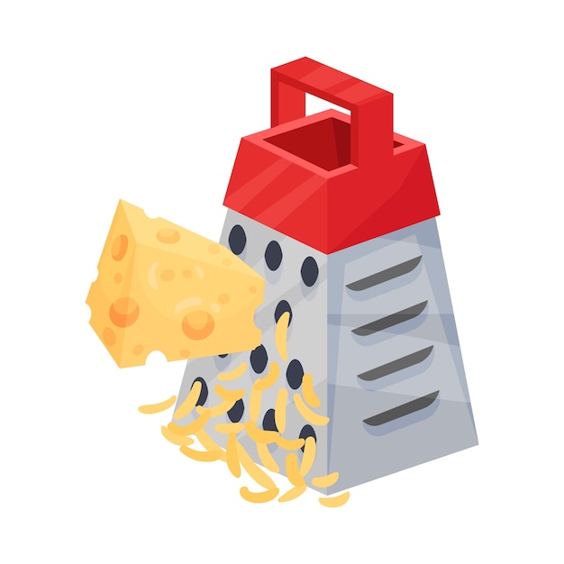 Rubbing piece of cheese on a grater with red handle isometric illustrarion