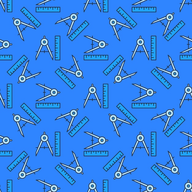 Ruler and Compass vector Mathematics Tools blue seamless pattern