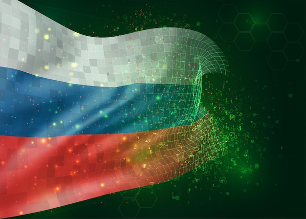russia, on vector 3d flag on green background with polygons and data numbers