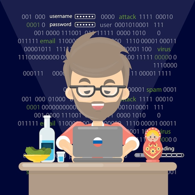 Russian hacker Thief trying to hack personal information and download a data