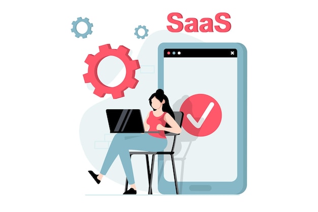 saas concept with people scene in flat design woman working with files exchange buying software subscription using secure access from devices vector illustration with character situation for web
