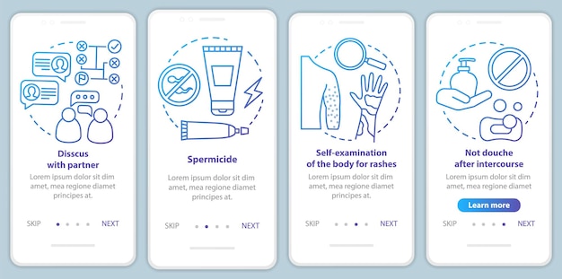 Safe sex onboarding mobile app page screen vector template