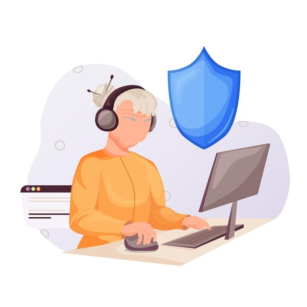 Safer Internet Day Concept illustration of safe internetold woman working on the computer