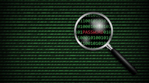 Salasana suurennuslasin alla ja digitaalinen tietokonekoodi, kyberturvallisuusteknologia