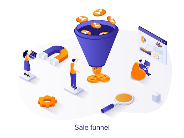Sale funnel isometric web concept People study customer behavior business communication