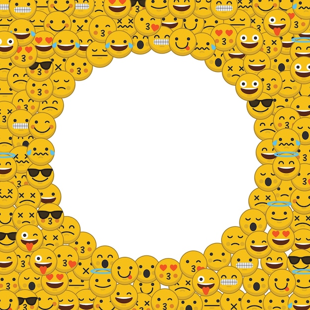Sarja emoji-hymiöiden hahmojen kasvoja ympyrässä