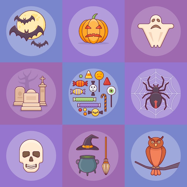 Sarja Halloween-elementtejä litteään tyyliin.