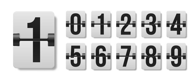 Sarja mekaanisia tulostaulun numeroita. Musta numero valkoisella laudalla. Merkit ja numerot.