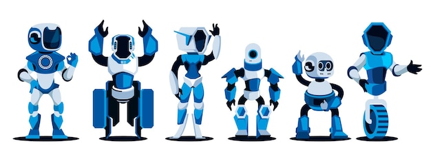 Sarjakuvarobotit Mekaaniset metallikoneet biooniset kyborgit ja AI-chatbot virtuaalikone ja AI-konsepti vektori eristetty joukko futuristisia innovatiivisia hahmoja ja metallisia kyborgiolentoja