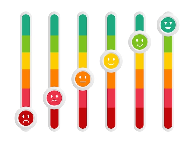 Satisfaction rating. Switch toggle. Feedback. Customer reviews. Set of emoticons. Bad and good mood.