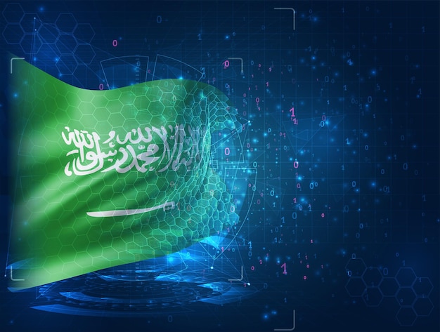 Saudi Arabia, vector 3d flag on blue background with hud interfaces