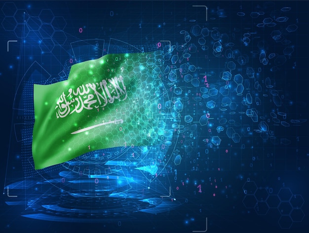 Saudi Arabia, vector 3d flag on blue background with hud interfaces