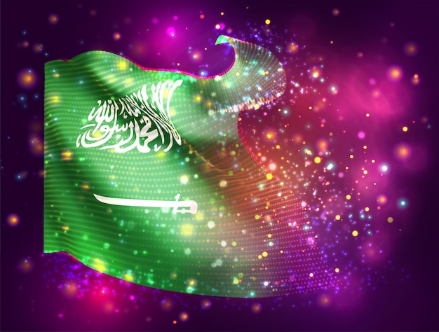 Saudi Arabia vector 3d flag on pink purple background with lighting and flares