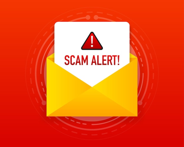 Scam alert red banner. Scam email message isolated on red background. Vector illustration.