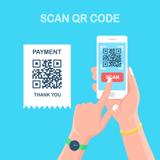 scan qr code to phone. mobile barcode reader, scanner in hand with pay receipt. electronic digital payment with smartphone. flat design