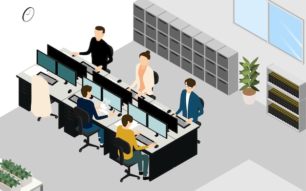 Scenery of working while ventilating in the office isometric