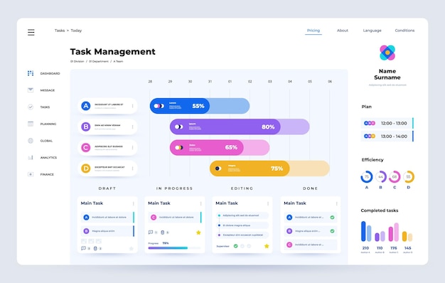Schedule app Task manager UI template with project timeline time optimization and task management web app dashboard interface Vector design