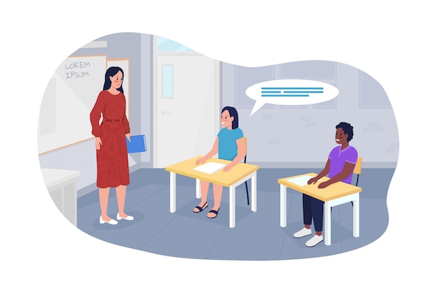 School class 2D vector isolated illustration Female teacher and pupils flat characters on cartoon background Acquire knowledge Classroom colourful scene for mobile website presentation