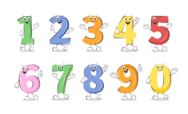 School cute numbers characters in cartoon style Educational clipart set
