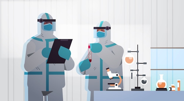 scientists developing vaccine to fight against coronavirus researchers couple in protective suits working in medical lab vaccine development concept  horizontal  illustration