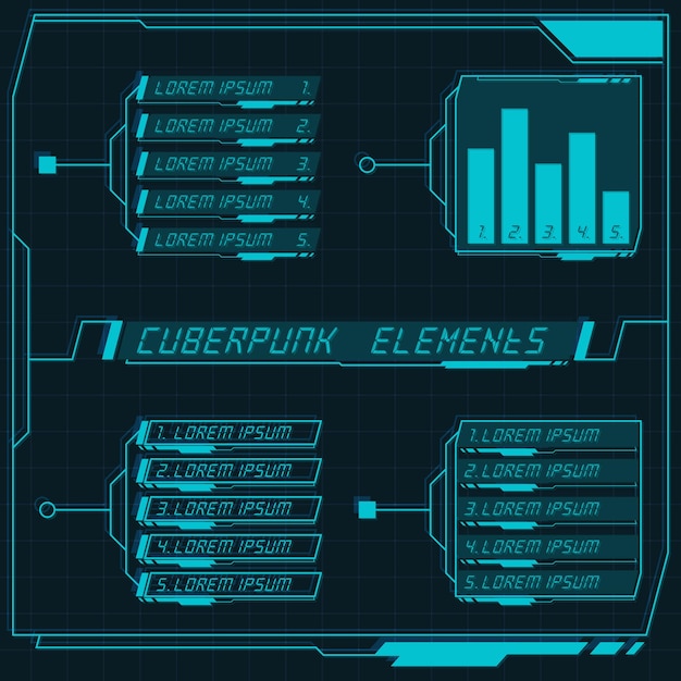 Scifi futuristic control panel collection of HUD elements GUI VR UI design Cyberpunk retro style