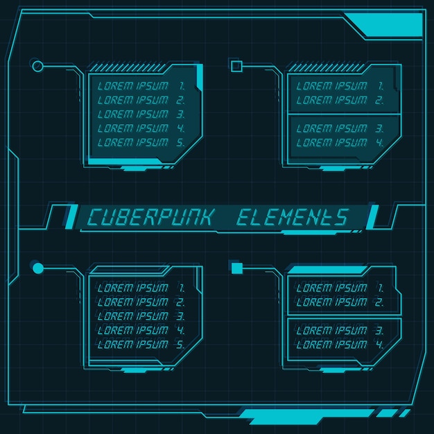 Scifi futuristic control panel collection of HUD elements GUI VR UI design Cyberpunk retro style
