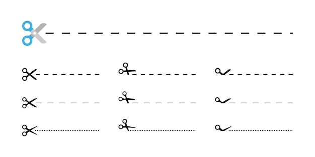 scissors cut line set cut here symbol with dashed and dotted line variations
