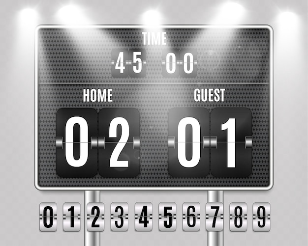 Scoreboard with flip numbers displaying time score and countdown in a modern metallic style