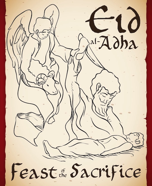 Scroll with representation of the Sacrifice of Ishmael by Abraham in hand drawn style