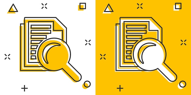 scrutiny document plan icon in comic style review statement vector cartoon illustration pictogram document with magnifier loupe business concept splash effect