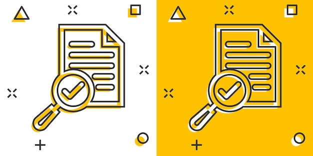 scrutiny document plan icon in comic style review statement vector cartoon illustration pictogram document with magnifier loupe business concept splash effect