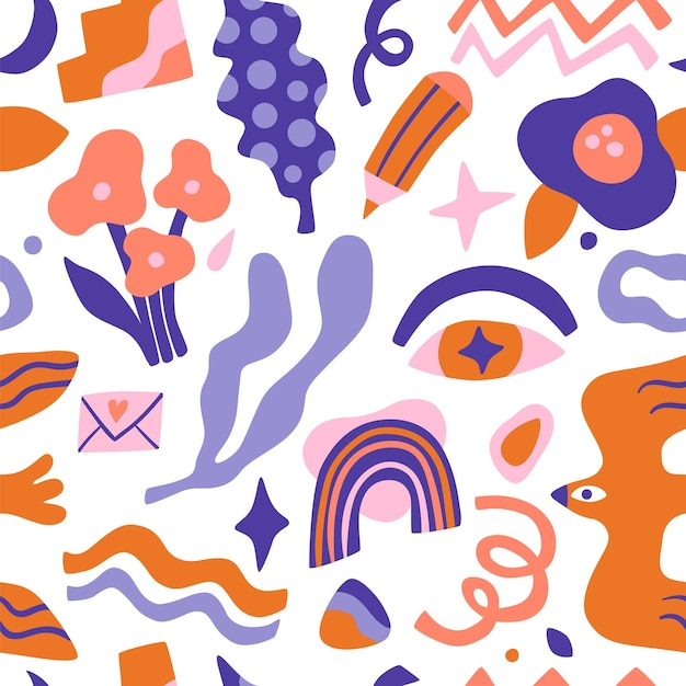 seamless abstract pattern trendy creative shapes hand drawn random elements floral and bird decorative artistic card doodle flowers curve lines pencil and rainbow vector background