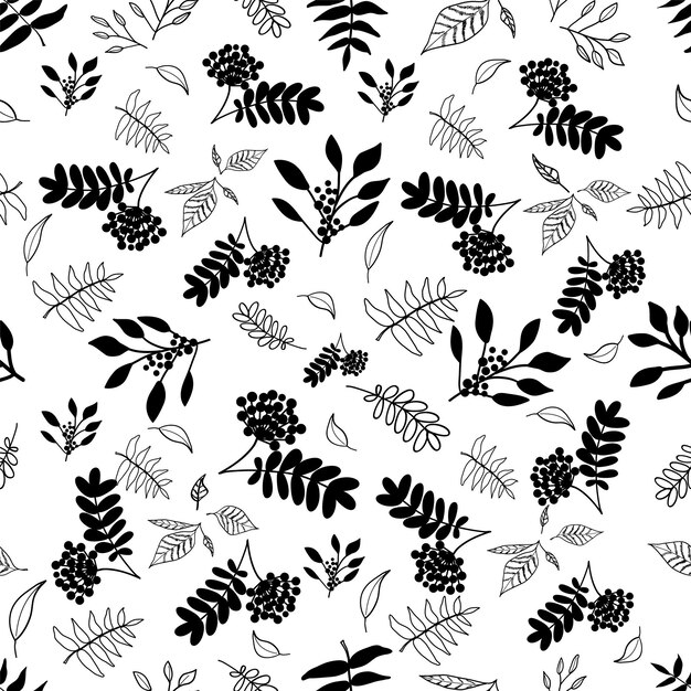 seamless black and white pattern with contour leaves and a bunch of rowan