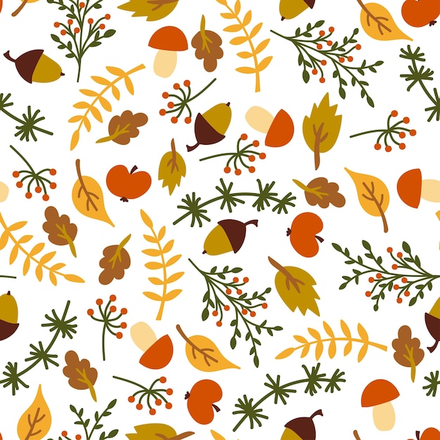 seamless cute autumnal texture yellow leaves acorns mushrooms apples on a white background scandinavian style for fabric wallpaper clothing covers packagingx9
