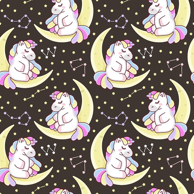 Seamless endless pattern with white unicorns rainbow and stars Isolated on dark background
