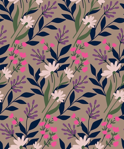 seamless floral pattern in cartoon style. mix of various hand-drawn flowers, chamomile, small light pink flowers, leaves. vector illustration.