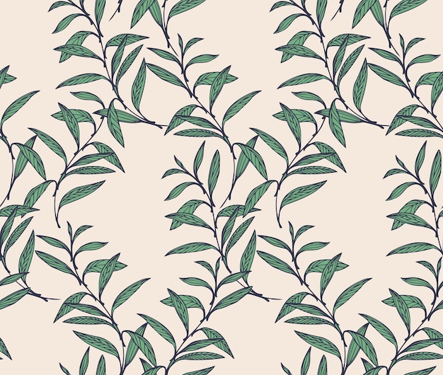 Seamless intertwined green branches leaves pattern Artistic abstract floral stems printing