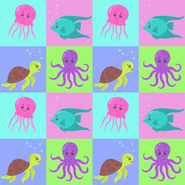 seamless marinethemed block pattern with turtles fish jellyfish and octopuses a vector