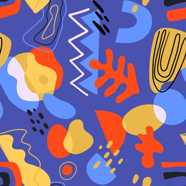 Seamless modern pattern with abstract various shapes and doodle objects. Trendy contemporary design