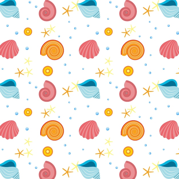 seamless nautical pattern with starfish and seashells on a cartoon style white background