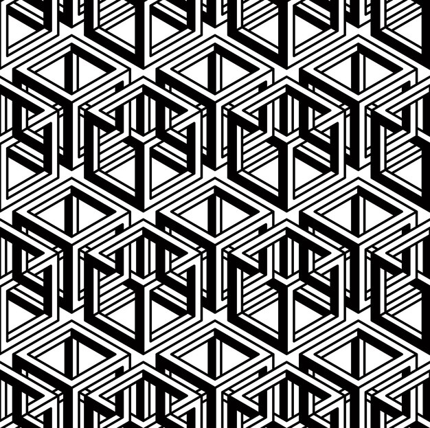 seamless optical ornamental pattern with three-dimensional geometric figures. intertwine black and white composition.
