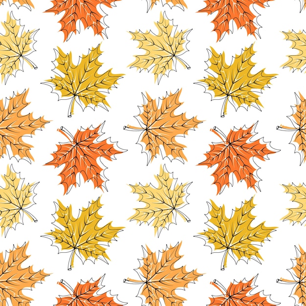 seamless pattern, autumn maple leaves, black outline with pastel colors. background, textile, print