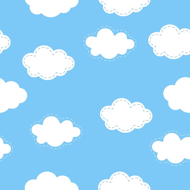 Seamless pattern background with white fluffy cartoon clouds on light blue sky Vector illustration for kids fabric or backdrop