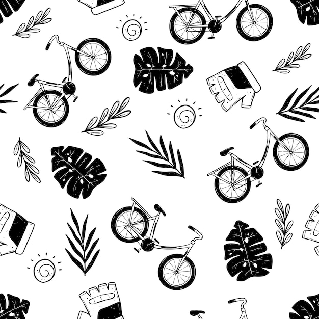 Seamless pattern bicycle elements with hand drawn style bicycle gloves and branches vector
