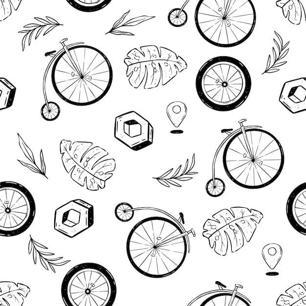 Seamless pattern bicycle elements with hand drawn style bicycle part and branches vector