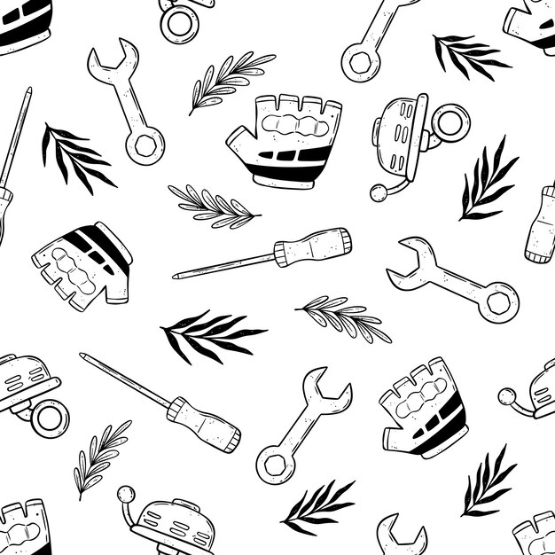 Seamless pattern bicycle elements with hand drawn style screwdriver hands glove and branches