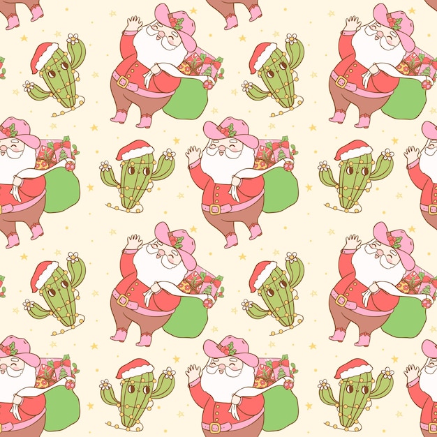 Seamless pattern Christmas Cowboy Santa Claus Festive Western wallpaper isolated on background