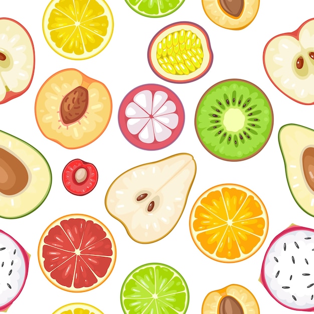 seamless pattern fruits. slice apple, kiwi, peach, lime, lemon, orange, mango, avocado, dragon, cherry mangosteen citrus vector color vintage flat illustration isolated on white background
